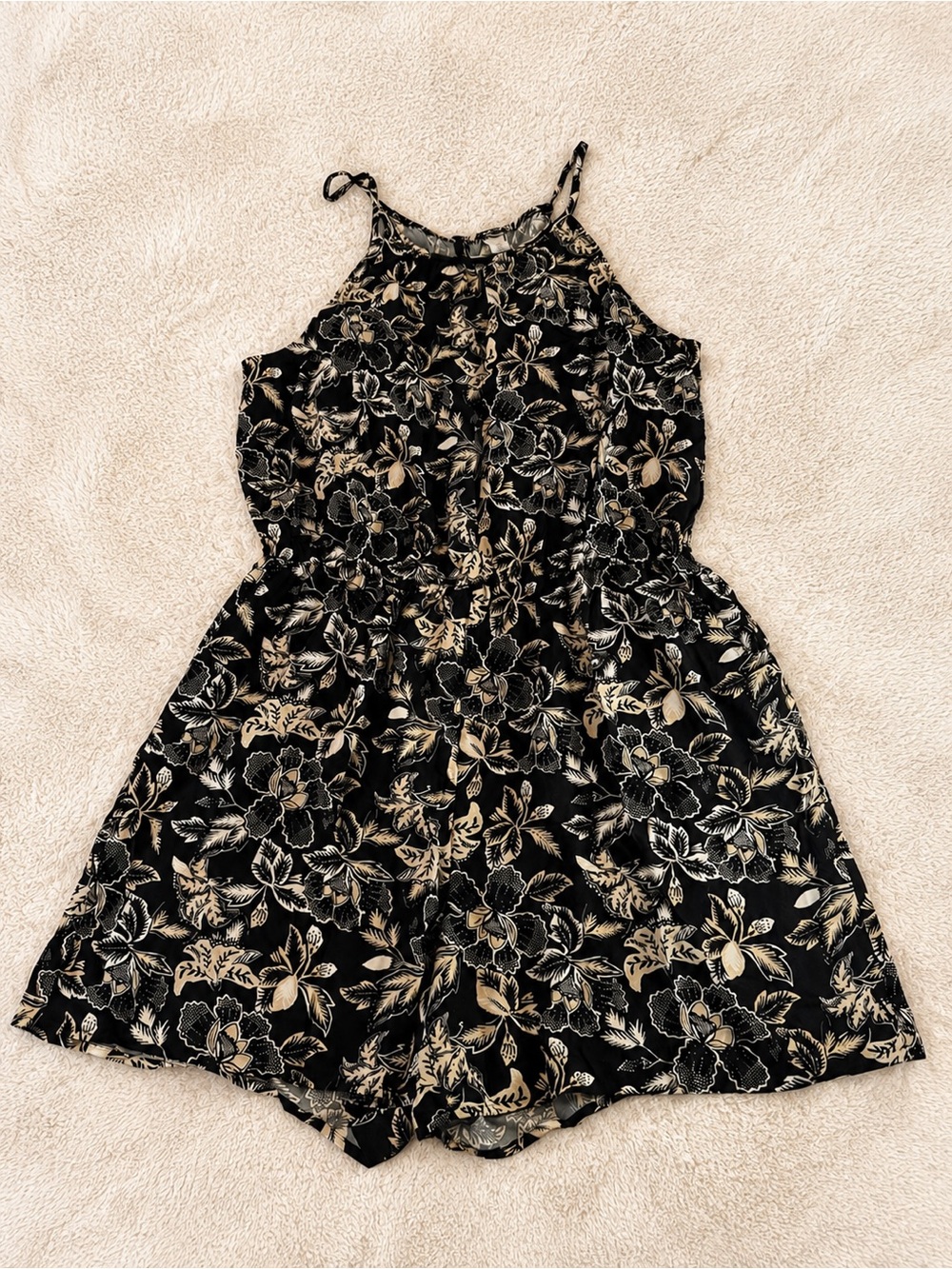 Old Navy Black Floral Halter Romper Dress with Cream Print Medium Tall